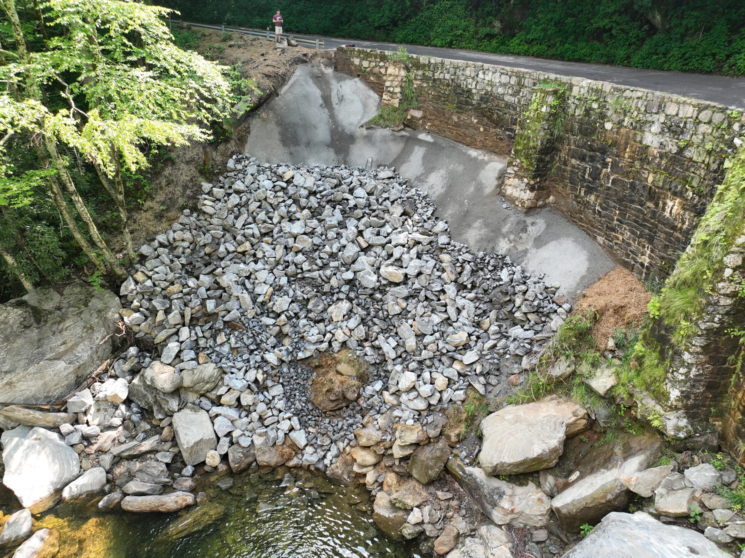 ChatGPT said: Rock riprap installed along a concrete-lined channel beneath a stone wall to protect against erosion and stabilize the embankment.