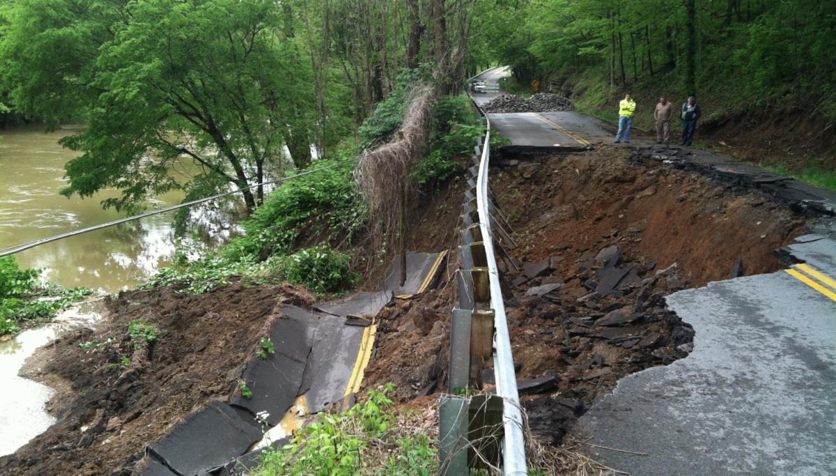 Landslide with broken road.