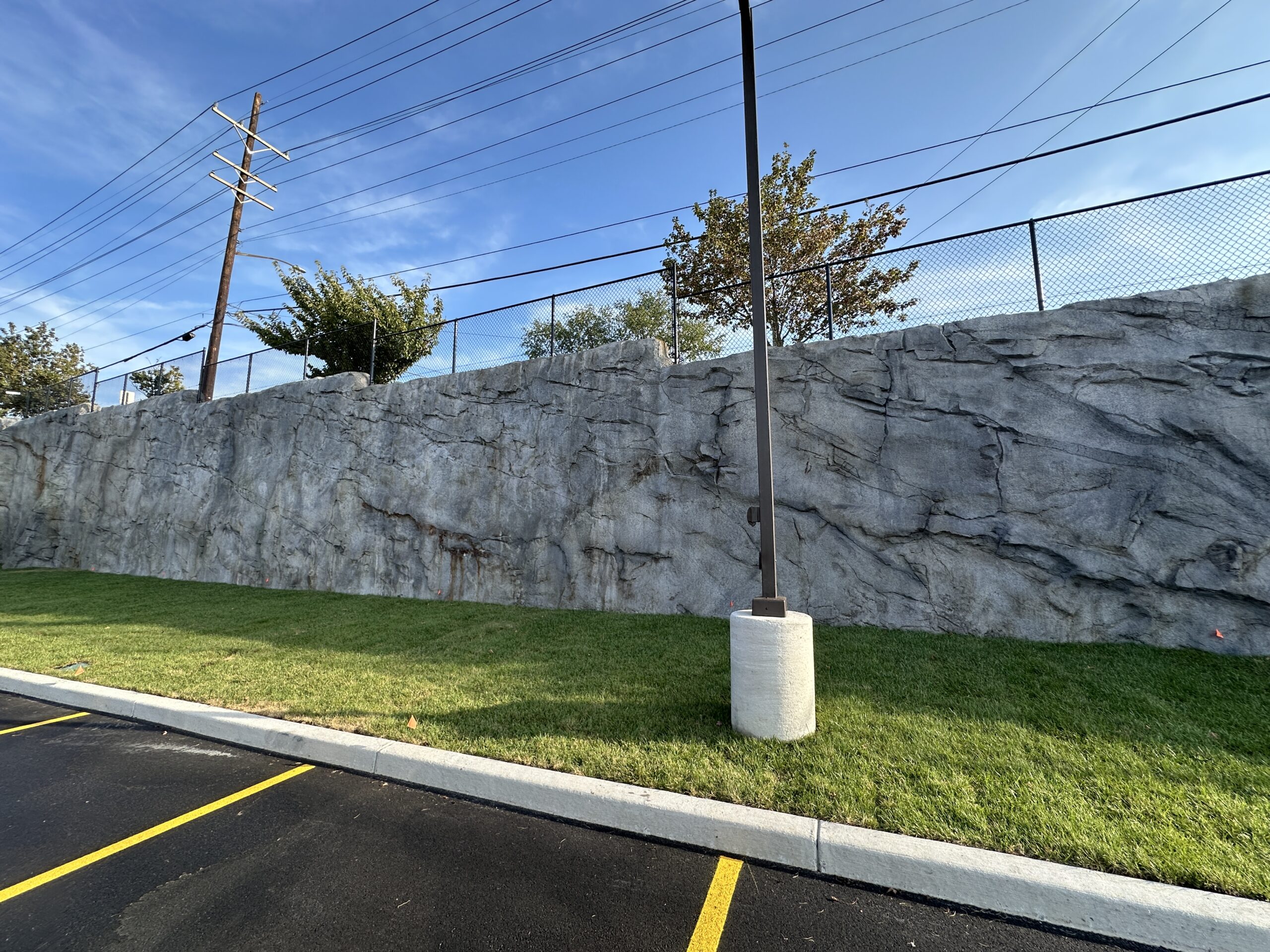 Detailed geologic finish shotcrete wall designed with realistic rock-like textures and multiple color tones.