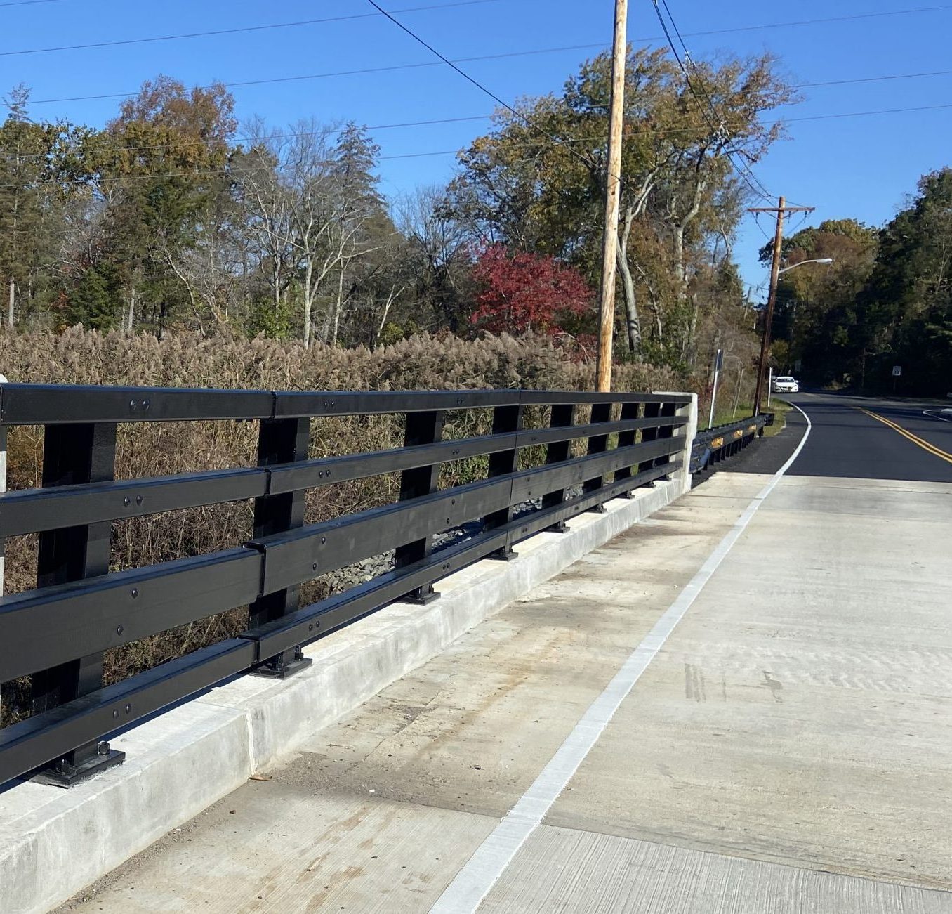 Black steel bridge railing with horizontal rails on concrete curb along a rural two-lane road