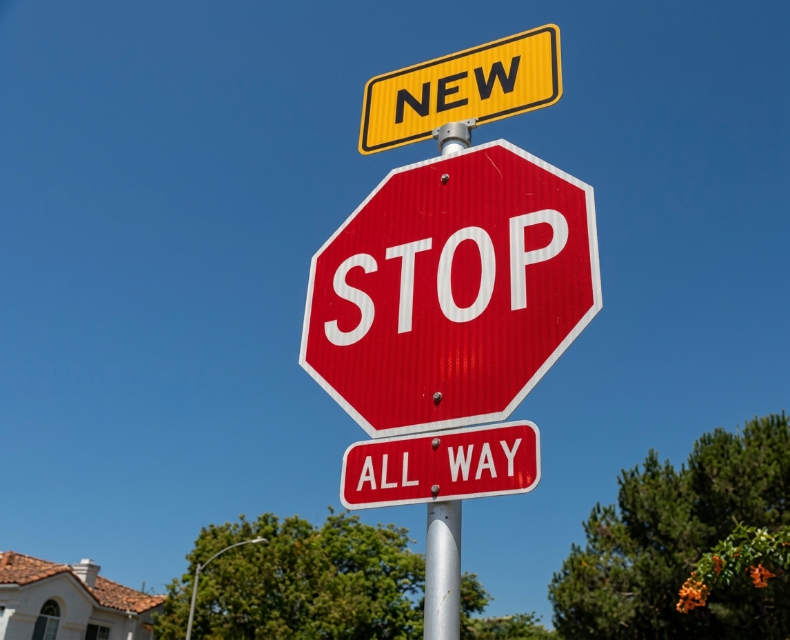 Stop sign with yellow sign above it labeled "new"