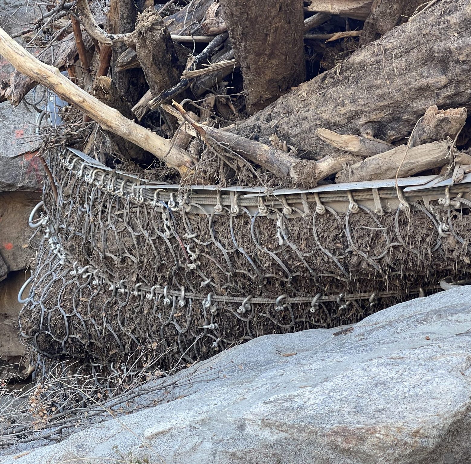 Rockfall barrier catching large debris and tree branches.