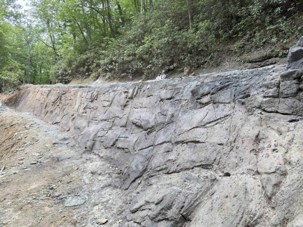 Detailed geologic finish shotcrete wall with high-relief rock-like texture and multiple natural color shades.