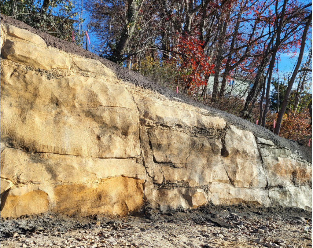 Detailed geologic finish shotcrete wall with high-relief rock textures and multiple color tones.